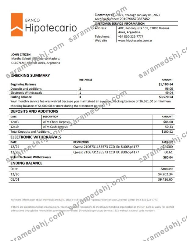Argentina Banco Hipotecario bank statement